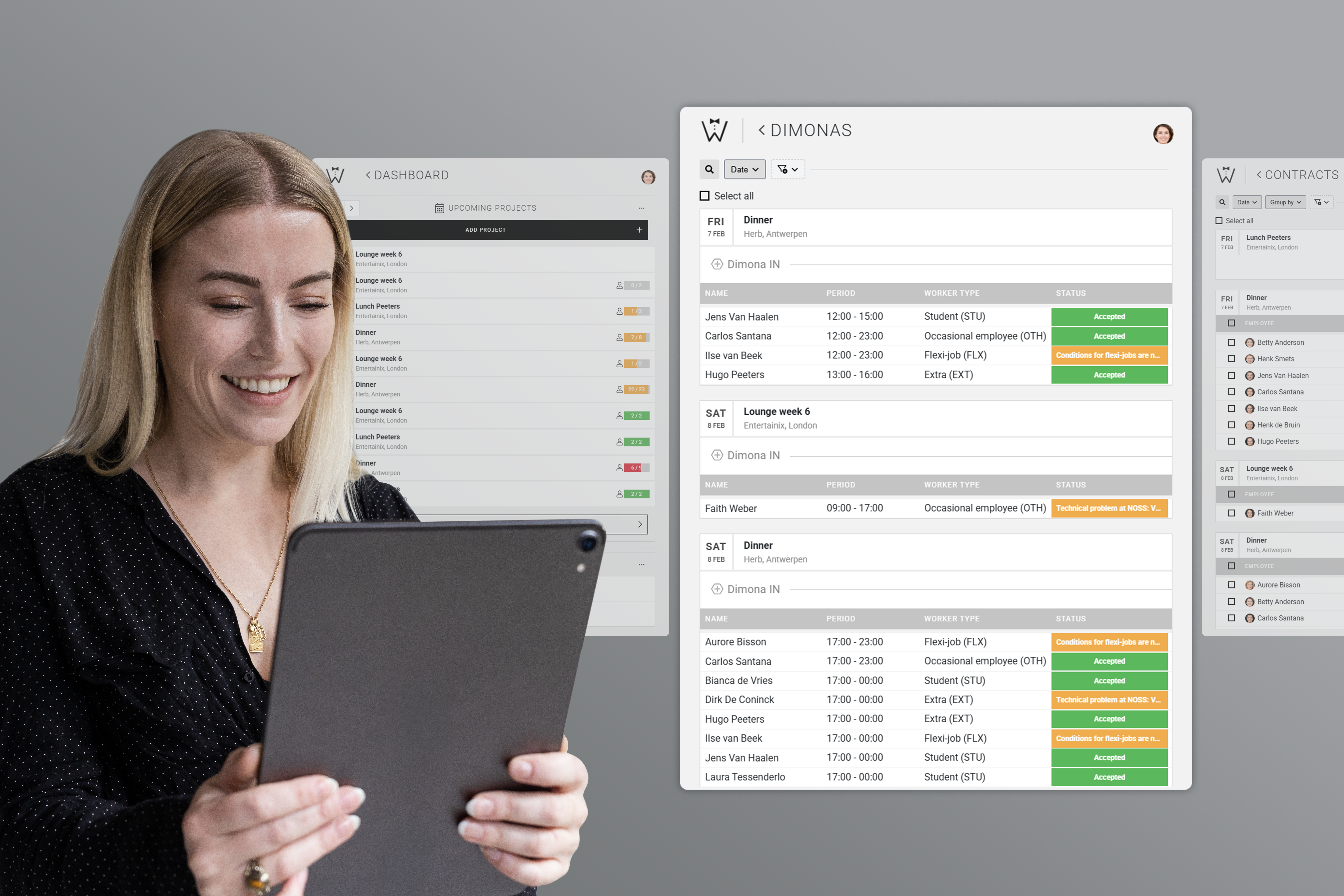 Smiling woman using CrewPlanner software on a tablet, with floating digital screens displaying automated Dimona-aangiftes, flexible workforce planning, and real-time employee scheduling.